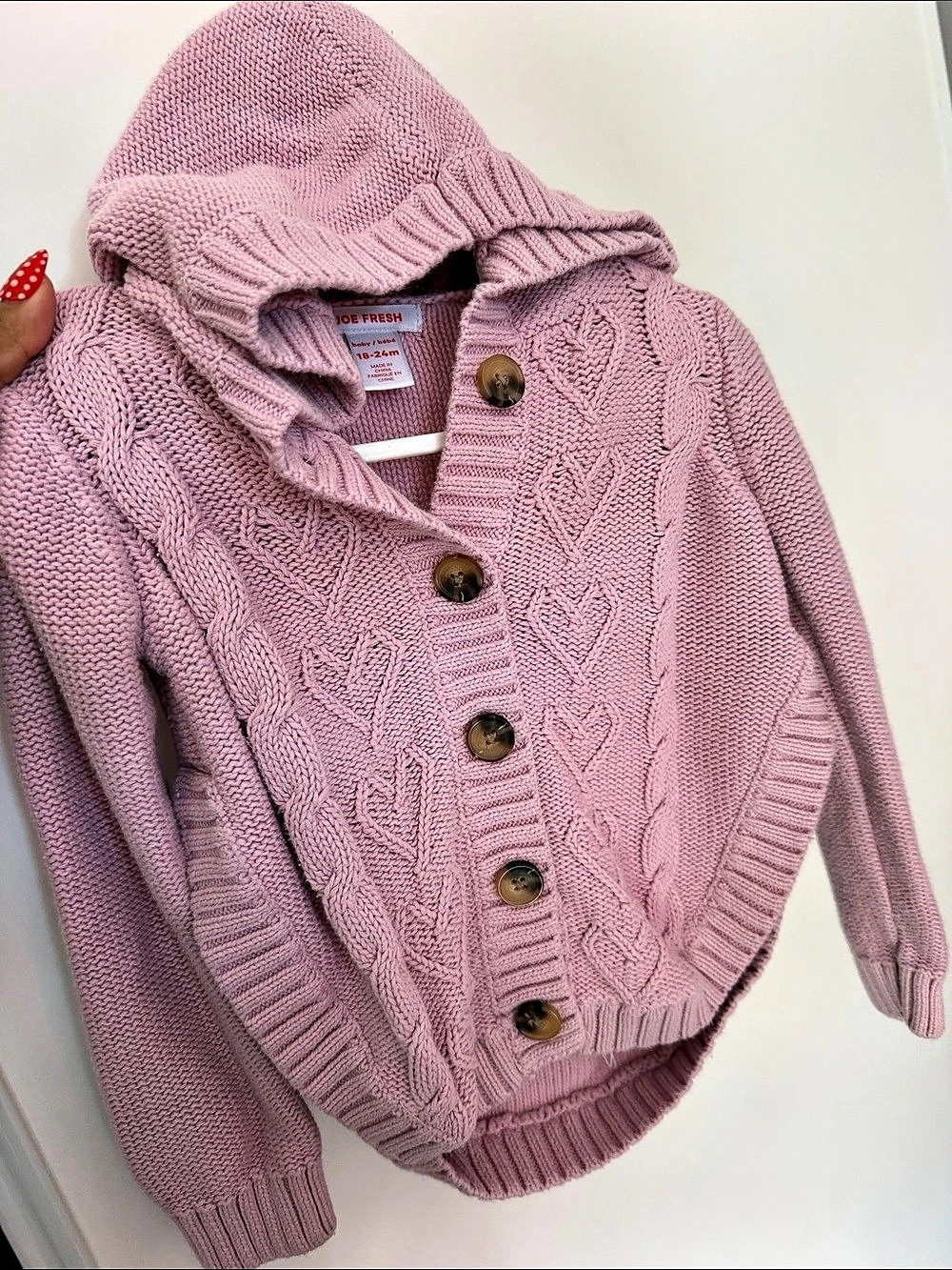 Joe Fresh Baby Hooded Knit Cardigan Sweater Pink Baby 18-24M